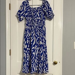 Elegant Blue and White Midi Dress
